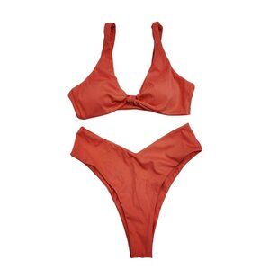 Rust Red Swimsuit Bikini Set With Knot Detail High Waist Bottoms Size M